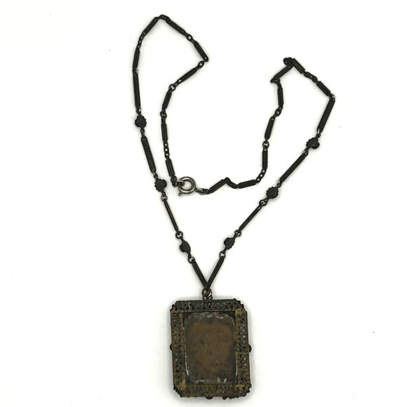 Vintage 1920s Czech Art Deco Blue Glass Necklace Filigree Bar Link Chain 18” - Picture 8 of 16